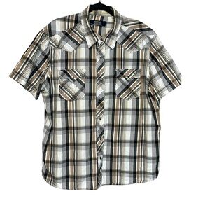 Levi’s Signature Brown & Beige Plaid Snap Front Short Sleeve Western Shirt, XL